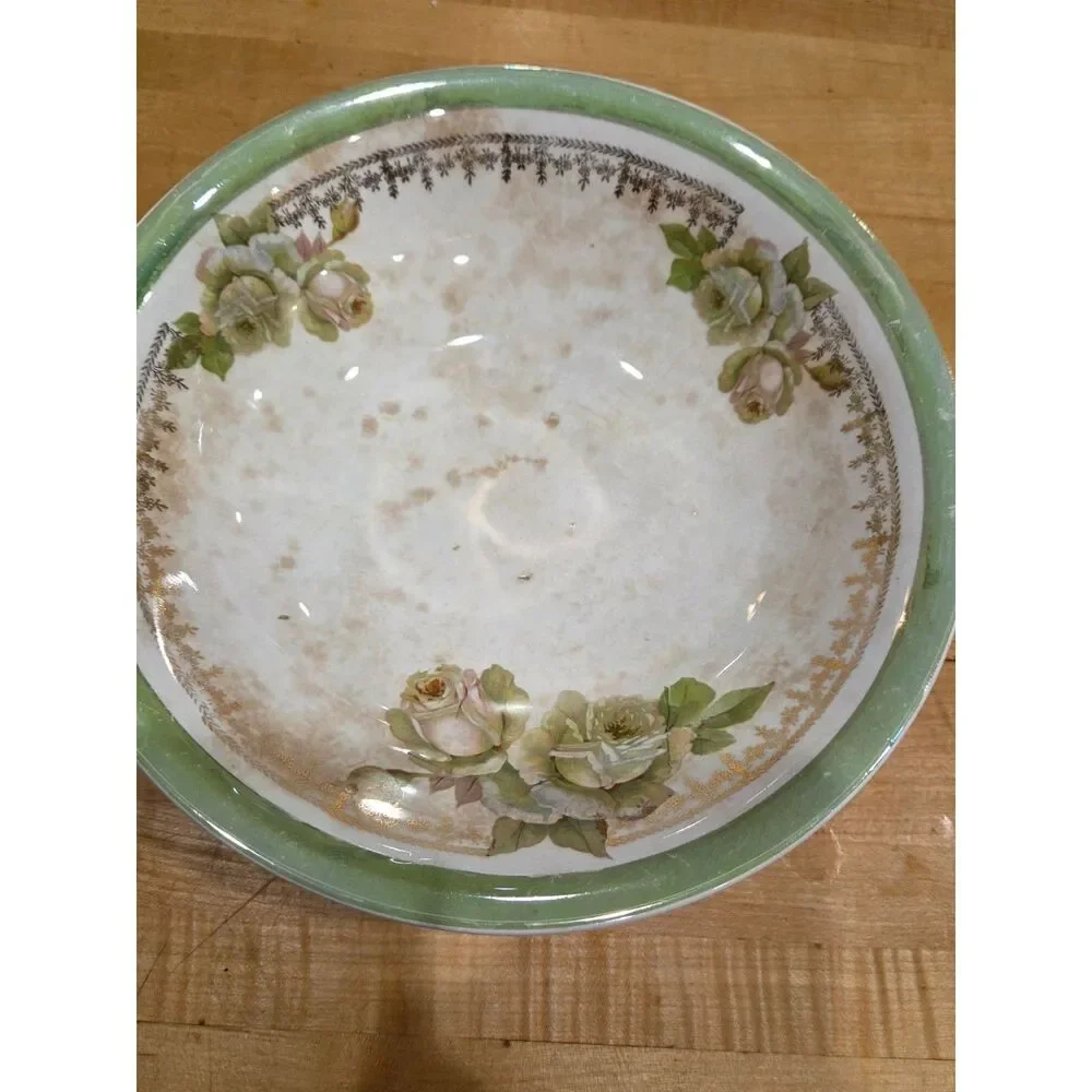 Antique Dresden China Green Border Floral Cabbage Rose Bowl 9 Inch
